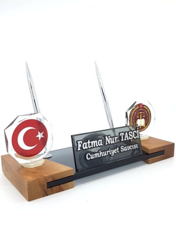 HSK Logolu Türk Bayraklı Kristal Masa İsimlik